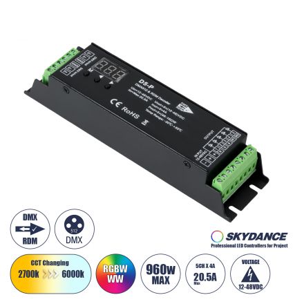 SKYDANCE DC DMX & RDM Dimmer High Speed Controller / Decoder 5 Καναλιών DC 12-48V 5 x 4A 192W - Max 20.5A 960W - IP20