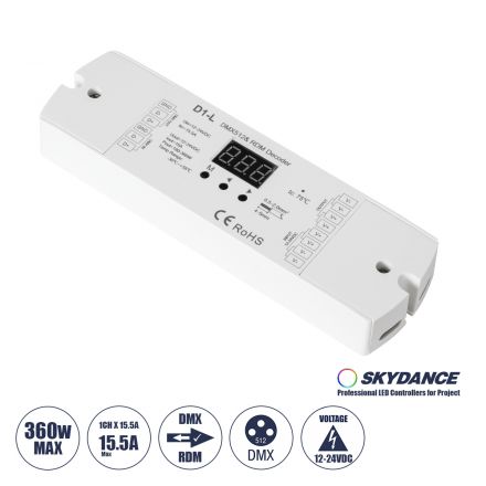  D1-L SKYDANCE DC DMX & RDM Dimmer High Speed Controller / Decoder 1 Καναλιού DC 12-24V 1 x 15.5A 360W - Max 15.5A 360W - IP20 