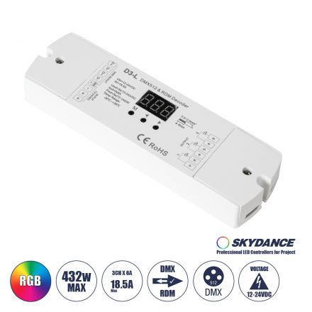 D3-L SKYDANCE DC DMX & RDM Dimmer High Speed Controller / Decoder 3 Καναλιών DC 12-24V 3 x 6A 144W - Max 18.5A 432W - IP20 