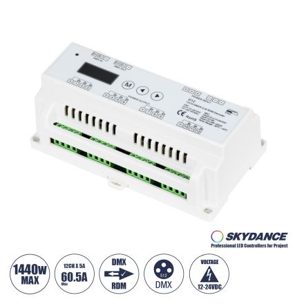 D12 SKYDANCE DC DMX & RDM Dimmer Din Rail Ράγας High Speed Controller / Decoder / Master 12 Καναλιών DC 12-24V 12 x 5A 120W - Max 60.5A 1440W - IP20