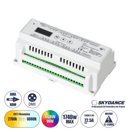 D24 SKYDANCE DC DMX & RDM Dimmer Din Rail Ράγας High Speed Controller / Decoder 24 Καναλιών DC 12-24V 24 x 3A 72W - Max 72.5A 1740W - IP20 