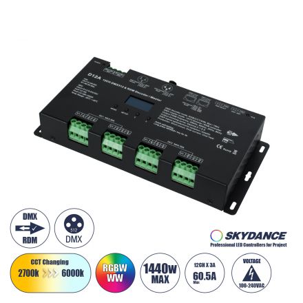 D12A SKYDANCE DC DMX & RDM Dimmer High Speed Controller / Decoder / Master 12 Καναλιών DC 12-24V 12 x 5A 120W - Max 60.5A 1440W - IP20