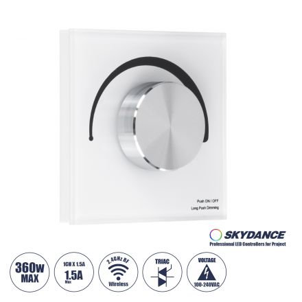 S1-K SKYDANCE AC Smart RF 2.4Ghz & Ροοστάτη - Push ON/OFF Triac Dimming AC100-240V σε AC100-240V 1 x 1.5A 360W - Max 1.5A 360W - IP20 - Λευκό 