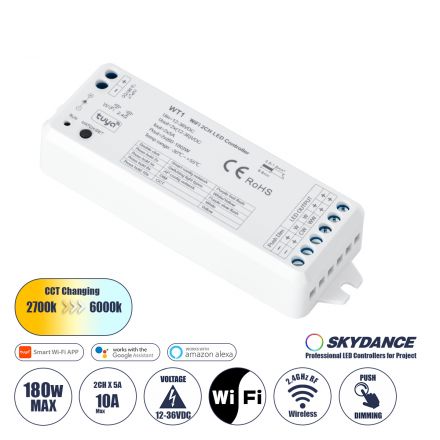 WT1 SKYDANCE DC WiFi & RF 2.4Ghz Dimmer High Speed Controller 2 Καναλιών DC 12-36V 2 x 5A 180W - Max 10A 180W - IP20