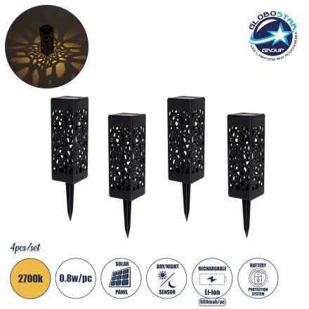 TRIBAL ΣΕΤ 4 Τεμαχίων Ηλιακά Φωτιστικά LED SMD 0.80W/Τεμ. Μπαταρία 600mAh - Φωτοβολταϊκό Πάνελ με Αισθητήρα Ημέρας-Νύχτας- IP65 -2700K Μ6 x Π6 x Υ18cm