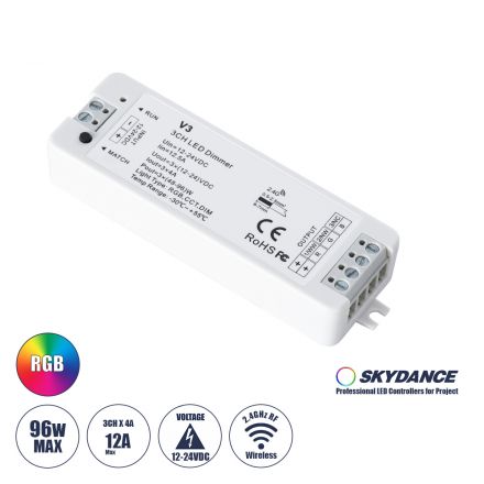 SKYDANCE DC RF 2.4Ghz Dimmer High Speed Controller 3 Καναλιών DC 12-24V 3 x 5A 96W - Max 12A 288W - IP20 