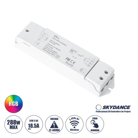 SKYDANCE DC RF 2.4Ghz Dimmer High Speed Controller & Push Dimming 3 Κανάλια DC 12-48V 3 x 6A 288W - Max 18.5A 288W - IP20 