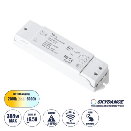 V2-L SKYDANCE DC RF 2.4Ghz Dimmer High Speed Controller & Push Dimming 2 Κανάλια DC 12-48V 2 x 8A 384W - Max 16.5A 384W - IP20 