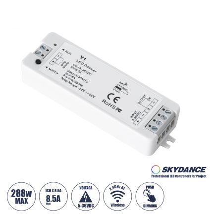 V1 SKYDANCE DC RF 2.4Ghz Dimmer High Speed Controller & Push Dimming 1 Κανάλι DC 5-36V 1 x 8A 288W - Max 8.5A 288W - IP20