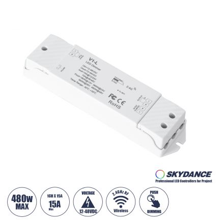 V1-L SKYDANCE DC RF 2.4Ghz Dimmer High Speed Controller & Push Dimming 1 Κανάλι DC 12-48V 1 x 15A 480W - Max 15A 480W - IP20