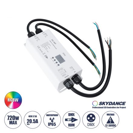 D4-WP SKYDANCE DC DMX & RDM Dimmer High Speed Controller / Decoder 4 Καναλιών DC 12-36V 4 x 5A 180W - Max 20.5A 720W - IP65 