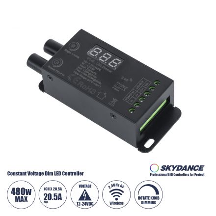 V1-B SKYDANCE DC RF 2.4Ghz Dimmer Constant Voltage Controller 1 Κανάλι DC 12-24V 1 x 20.5A 480W - Max 20.5A 480W - IP20