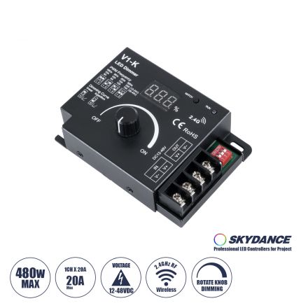 V1-K SKYDANCE DC RF 2.4Ghz Dimmer PWM Frequency Controller 1 Κανάλι DC 12-24V 1 x 20A 480W - Max 20A 480W 