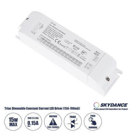 TE-15A SKYDANCE AC Triac Dimmable Constant Current LED Driver Push Dimming 1 Κανάλι AC 200-240V 1 x 0.15A 15W - Max 0.15A 15W  