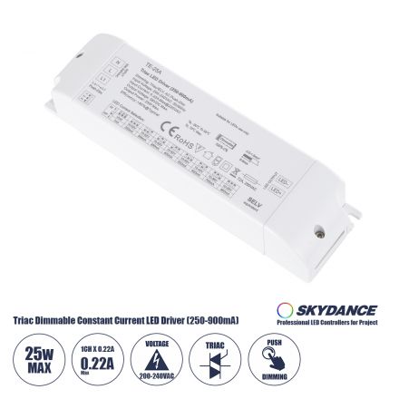 TE-25A SKYDANCE AC Triac Dimmable Constant Current LED Driver 1 Κανάλι AC 200-240V 1 x 0.22A 25W - Max 0.22A 25W - IP20