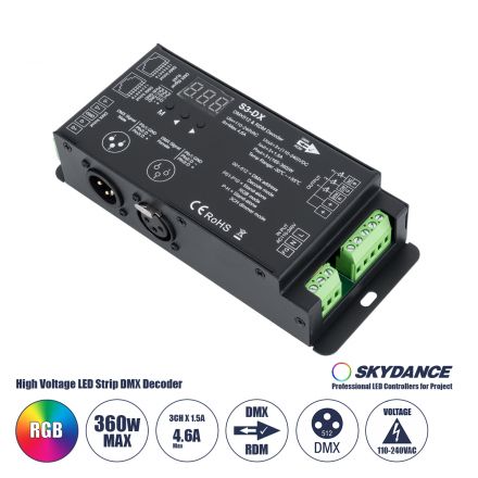 S3-DX SKYDANCE AC DMX512 High Voltage LED Strip Decoder 3 Καναλιών AC 110-240V 3 x 1.5A 360W - Max 4.6A 360W 