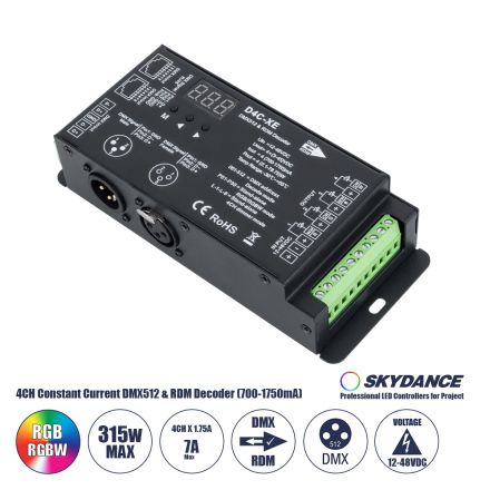 D4C-XE SKYDANCE DC DMX512 Constant Current & RDM Decoder 4 Καναλιών DC 12-48V 4 x 1.75A 315W - Max 7A 315W - IP20 