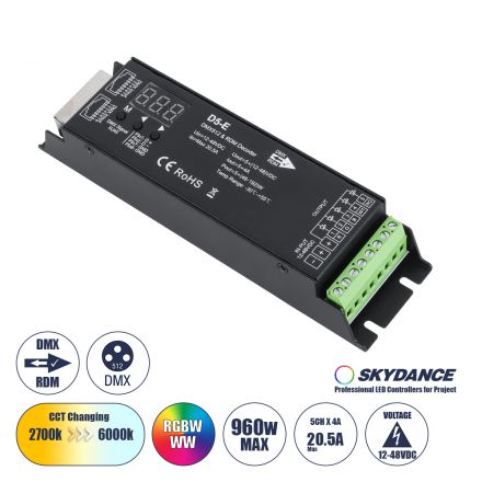 D5-E SKYDANCE DC DMX512 & RDM Decoder 5 Καναλιών DC 12-48V 5 x 4A 960W - Max 20.5A 960W - IP20 