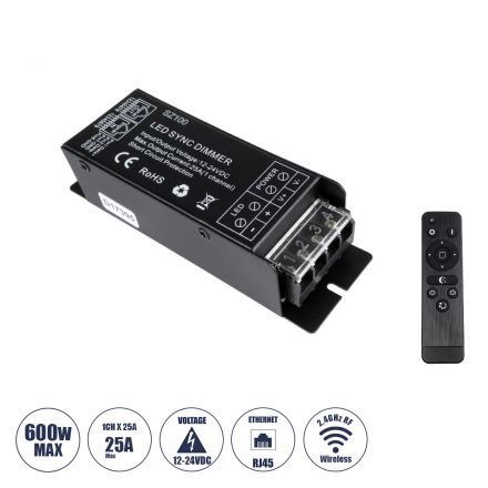  Controller & Dimmer 1 Κανάλι DC 12-24V 25A MAX 600W  με Χειριστήριο RF 2.4Ghz SYNC - IP20 - Μ12.7 x Π4 x Υ3.2cm