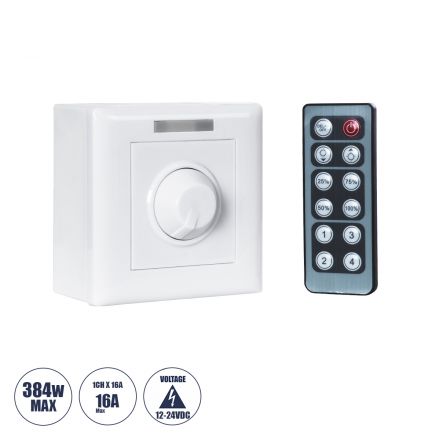 Επιτοίχιο Dimmer με Ασύρματο Χειριστήριο RF DC 12-24V για Μονόχρωμα Προϊόντα LED 16A Max 384W 