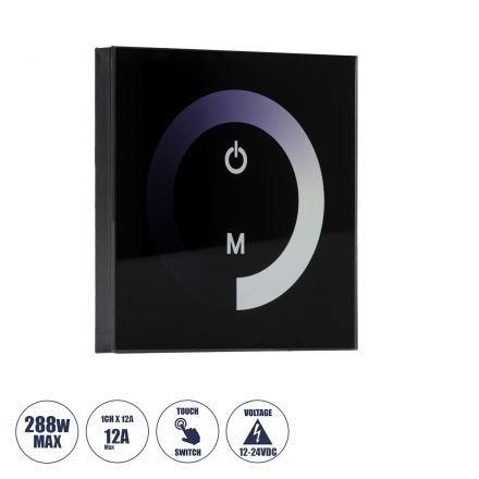 Επιτοίχιο Dimmer Touch - Αφής 1 Καναλιου DC 12-24V 1 x 12A 288W - Max 12A 288W - IP20 