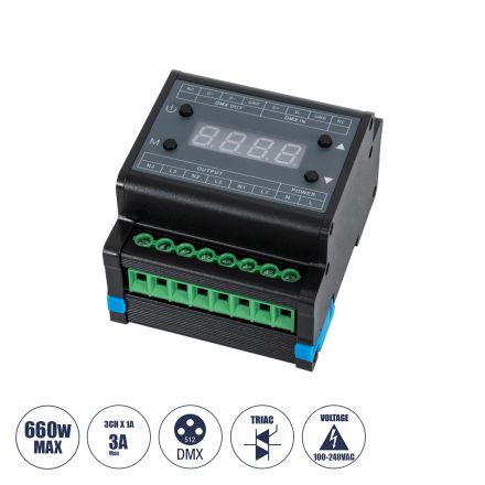AC Triac DMX Dimmer Din Rail Ράγας 3 Καναλιών AC 100-240V 3 x 1A 220W - Max 3A 660W - IP20