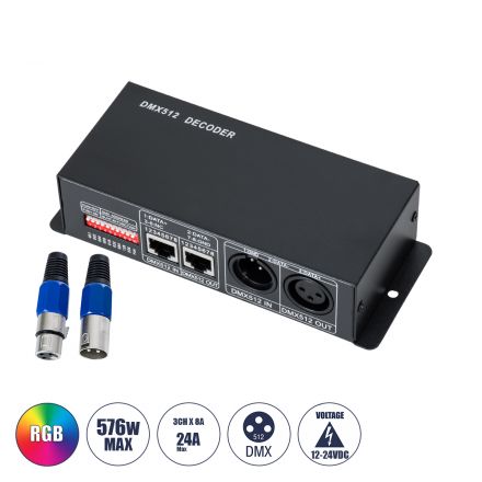 DMX Dimmer High Speed Controller / Decoder 3 Καναλιών DC 12-24V 3 x 8A 192W - Max 24A 576W - IP20