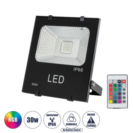 Επαγγελματικός Προβολέας LED 30W 1950lm 120° - IP66 με Ασύρματο Χειριστήριο IR - RGB - Μ17 x Π4.5 x Υ20cm 
