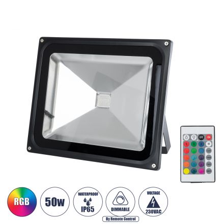 Επαγγελματικός Προβολέας LED 50W 3250lm 120° - IP65 με Ασύρματο Χειριστήριο IR - RGB 