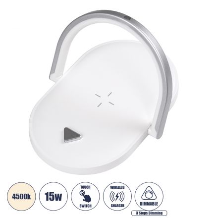 ECLIPSE Μοντέρνο Επιτραπέζιο Φωτιστικό LED 15W 1200lm 180° - με Ασύρματη Φόρτιση - Διακόπτη Αφής με 3 Εντάσεις Φωτισμού- 4500K - Dimmable - Μ17 x Π13 x Υ10 - Λευκό
