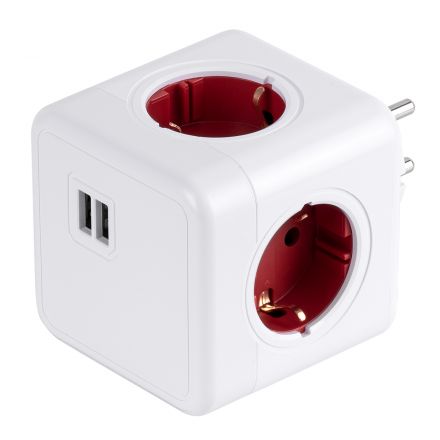 TRAVEL PowerCube PRO 6 Θέσεων με 4 Πρίζες Ασφαλείας Childproof EU Schuko & 2 Πρίζες USB Max 2.1A/DC 5V - Max Load 3680W/16A - Λευκό με Κόκκινο 