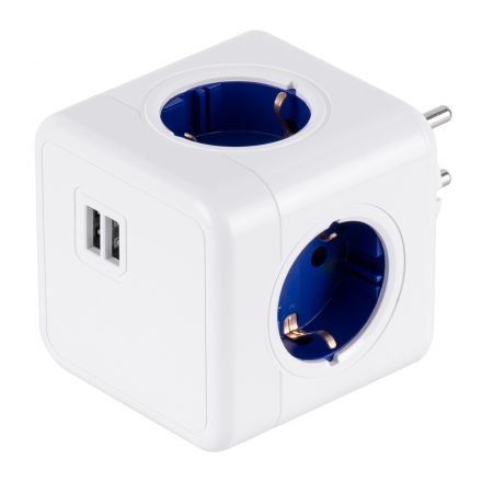 TRAVEL PowerCube PRO 6 Θέσεων με 4 Πρίζες Ασφαλείας Childproof EU Schuko & 2 Πρίζες USB Max 2.1A/DC 5V - Max Load 3680W/16A - Λευκό με Μπλε