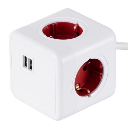 TRAVEL PowerCube PRO 6 Θέσεων με 1.5m Kαλώδιο - 4 Πρίζες Ασφαλείας Childproof EU Schuko & 2 Πρίζες USB Max 2.1A/DC 5V - Max Load 3680W/16A - Λευκό με Κόκκινο