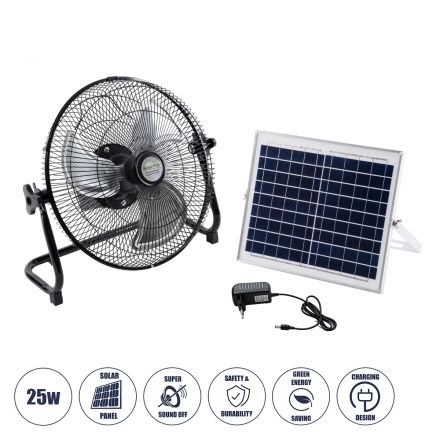 SOLARO-FAN 85352 Solar Fan Αυτόνομος Ηλιακός Επιδαπέδιος Ανεμιστήρας 25W 2 Λειτουργιών Ρεύματος με AC 220-240V ή με Φωτοβολταϊκό Panel 9V 12W & Επαναφορτιζόμενη Μπαταρία Li-ion 7.4V 4400mAh 12 Ταχύτητες Ενσωματωμένο USB 2.0 Charger