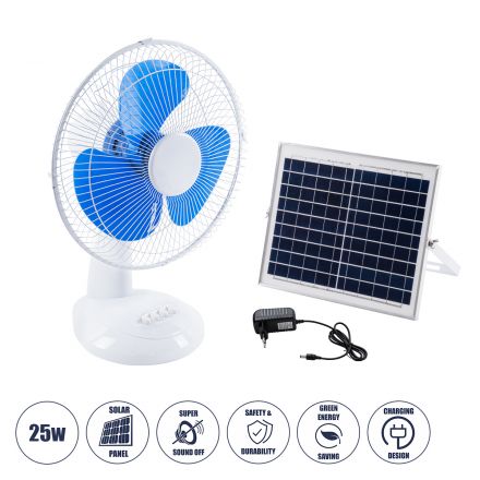 SOLARI-FAN 85353 Solar Fan Αυτόνομος Ηλιακός Επιτραπέζιος Ανεμιστήρας 25W 2 Λειτουργιών Ρεύματος με AC 220-240V ή με Φωτοβολταϊκό Panel 9V 12W & Επαναφορτιζόμενη Μπαταρία Li-ion 7.4V 4400mAh 3 Ταχύτητες IP20 Μ24 x Π36 x Υ49cm Λευκό & Μπλε