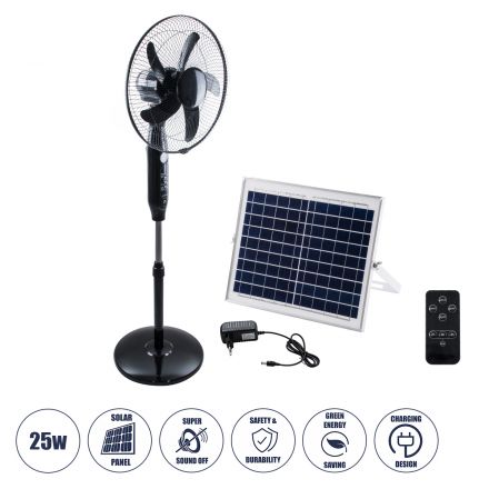 Solar Fan Αυτόνομος Ηλιακός Επιδαπέδιος Ανεμιστήρας 25W 2 Λειτουργιών Ρεύματος με AC 220-240V ή με Φωτοβολταϊκό Panel 9V 15W & Επαναφορτιζόμενη Μπαταρία 7.4V 6000mAh 12 Ταχύτητες Ασύρματο Χειριστήριο Ενσωματωμένο USB 2.0