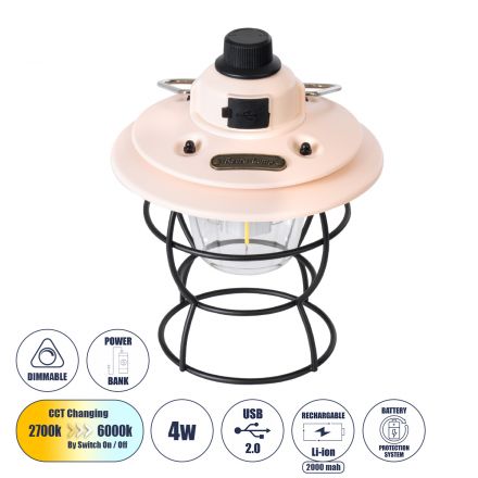 Αυτόνομο Φανάρι Camping LED 4W USB 2.0 με Μπαταρία 1 x 18650 2000mAh Li-ion Power Bank IP20 Dimmable - 3CCT - Ροζ