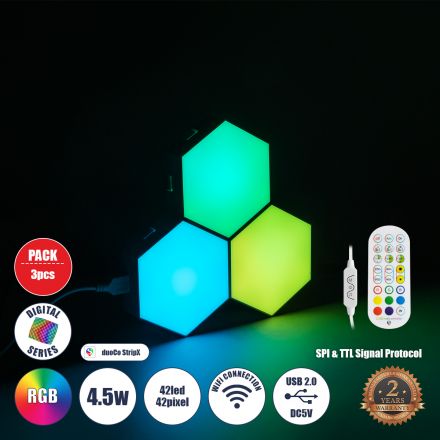 DIGIOCTA Σετ 3 Ψηφιακων LED RGB Κυψελών με Ψηφιακό Controller με WiFi Smart APP & Ασύρματο Χειριστήριο 4.5W/Σετ DC 5V RGB - Dimmable 