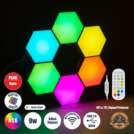 DIGIOCTA Σετ 6 Ψηφιακων LED RGB Κυψελών με Ψηφιακό Controller με WiFi Smart APP & Ασύρματο Χειριστήριο 9W/Σετ 120° DC 5V RGB - Dimmable 