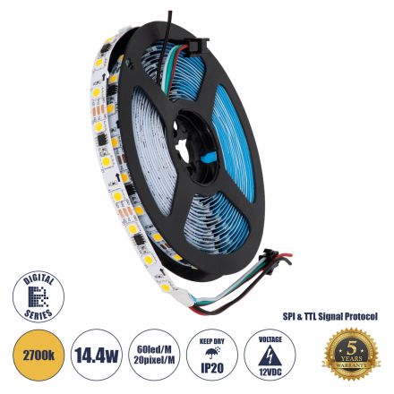 Digital Pixel Addressable Strip 3 PIN - Ψηφιακή Ταινία LED SMD 5050 14.4W/m 60LED/m 20PIXEL/m SPI/TTL Protocol IC WS2811/UCS16703 1296lm/m 120° DC 12V IP20 Θερμό Λευκό 2700K - Λευκό Σώμα - Μ5000 x Π10 x Υ2mm - Συσκευασία 5 