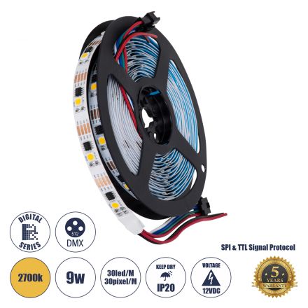90598 Digital Pixel Addressable Strip 4 PIN - Ψηφιακή Ταινία LED SMD 5050 9W/m 30LED/m 30PIXEL/m SPI/TTL Protocol IC TM1908 810lm/m 120° DC 12V IP20 Θερμό Λευκό 2700K - Λευκό Σώμα - Μ5000 x Π10 x Υ2mm - Συσκευασία 5 Μέτρων - 5 Χρ