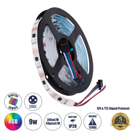 90599 Digital Pixel Addressable Strip 4 PIN 9W/m 30LED/m 30PIXEL/m 720lm/m 120° 12V IP20 RGB 5M