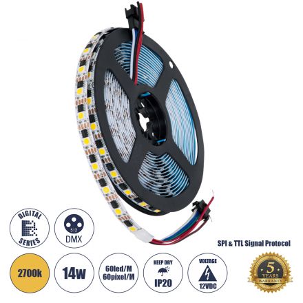 90603 Digital Pixel Addressable Strip 4 PIN - Ψηφιακή Ταινία LED SMD 5050 14W/m 60LED/m 60PIXEL/m SPI/TTL Protocol IC TM1908 1296lm/m 120° DC 12V IP20 Θερμό Λευκό 2700K - Λευκό Σώμα - Μ5000 x Π10 x Υ2mm - Συσκευασία 5 Μέτρων - 5 