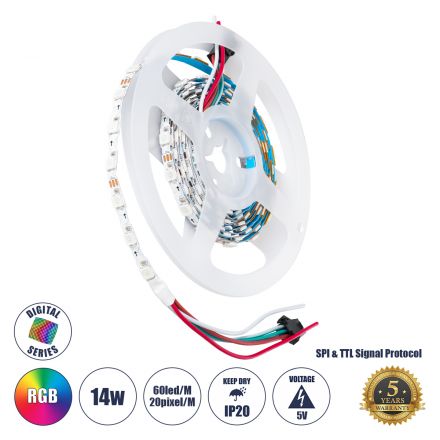 90606 Digital Pixel Addressable Strip Ultra Slim 3 PIN - Nano Zig Zag S14W/m 60LED/m 20PIXEL/m 1152lm/m 120° 5V IP20 RGB -2M
