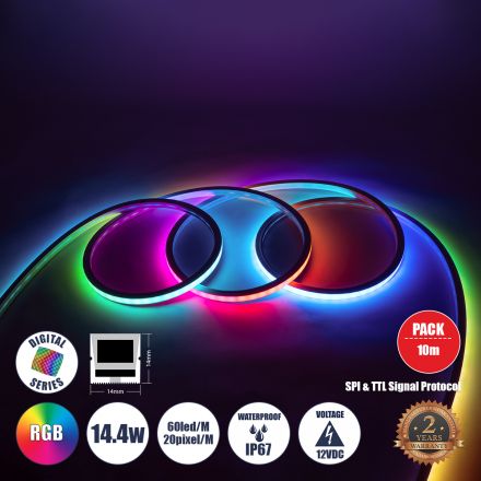 NEONIO Digital Pixel Addressable Neon Flex LED 14.4W/m 60LED/m 20PIXEL/m Protocol IC 864lm/m 90° 12V IP67 Πολύχρωμη RGB 10M