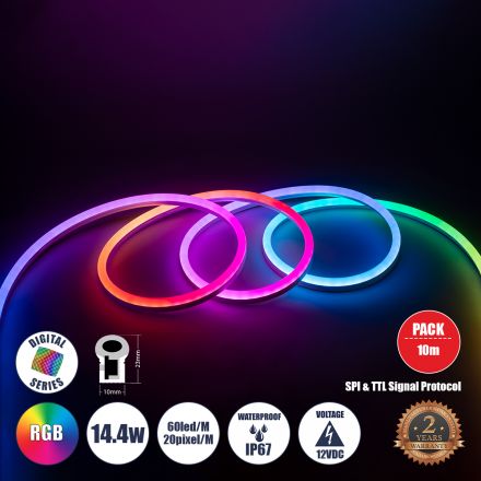 NEONIO Digital Pixel Addressable Neon Flex 14.4W/m 60LED/m 20PIXEL/m 864lm/m 180° 12V IP67 RGB 10Μ
