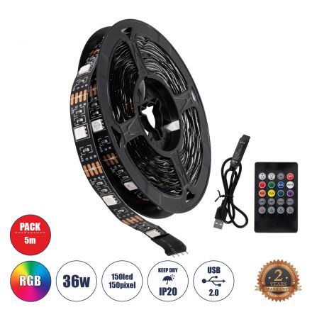 DIGISTRIP 90757 SET LED Pixel Addressable Strip με IR Ασύρματο Χειριστήριο LED 36W/5m 2160lm/m 120° DC 5V με USB 2.0 IP20 5M RGB Dimmable