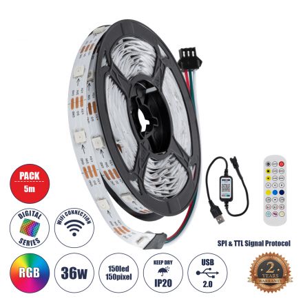 DIGISTRIP 90758 Σετ Ψηφιακής Pixel Addressable Ταινίας με RF Ασύρματο Χειριστήριο & Λειτουργία μέσω WiFi APP LED 36W/5m-5M RGB Dimmable