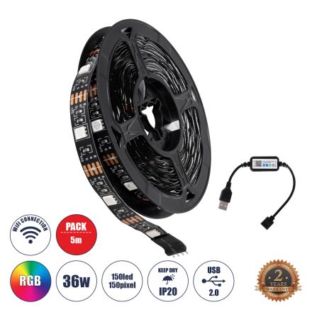 DIGISTRIP 90759 Σετ Ταινίας με Λειτουργία μέσω Bluetooth & WiFi APP LED 36W 5V με USB 2.0 2160lm 120° IP20 5M RGB Dimmable 