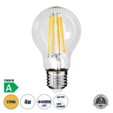 Λάμπα LED Filament A60 4W 840lm 360° 2700K Διάφανο - A' Ενεργειακή Κλάση 